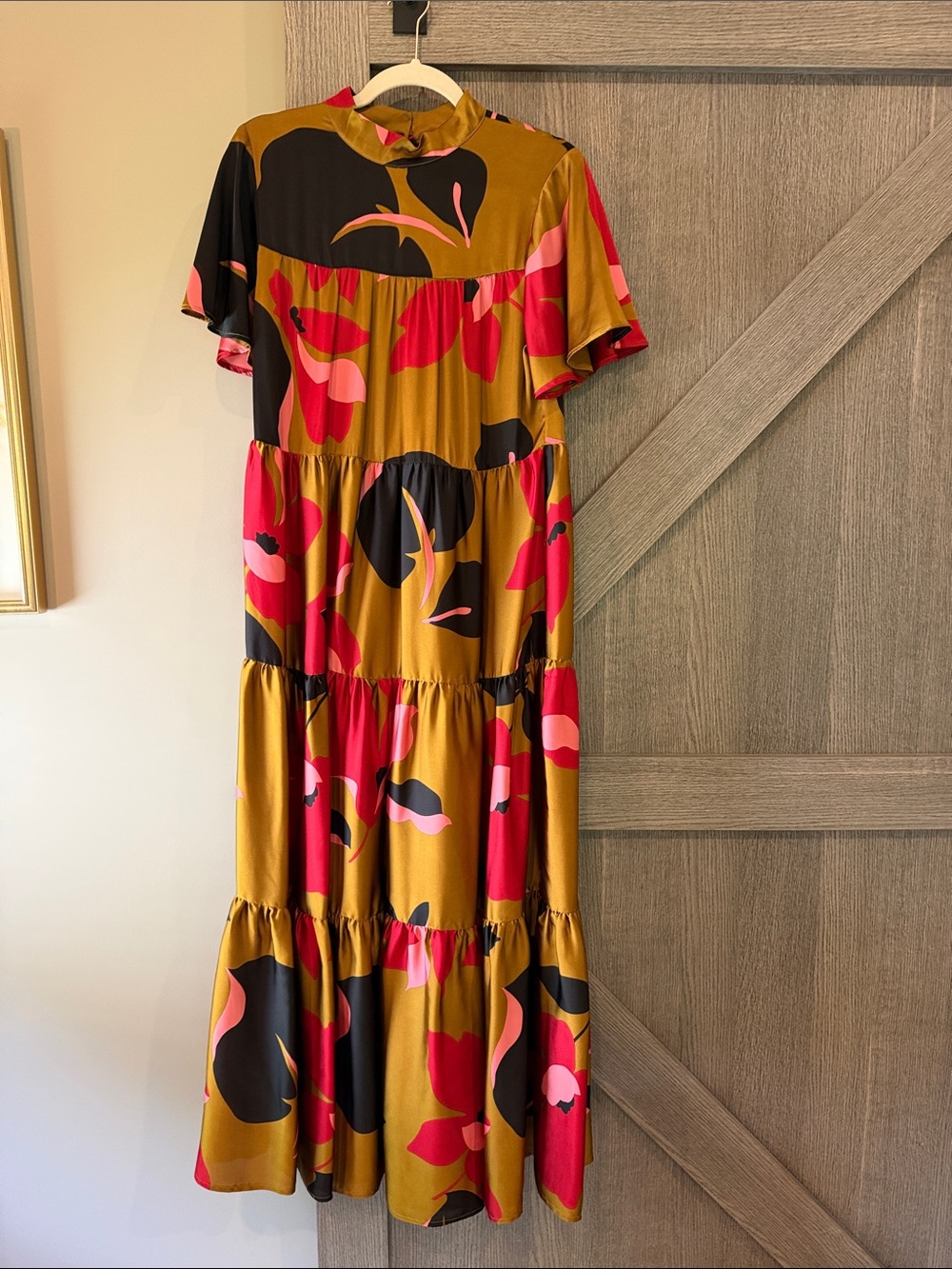 Corey Lynn Calter Mustard Maxi Dress with Pink & Black Floral Print